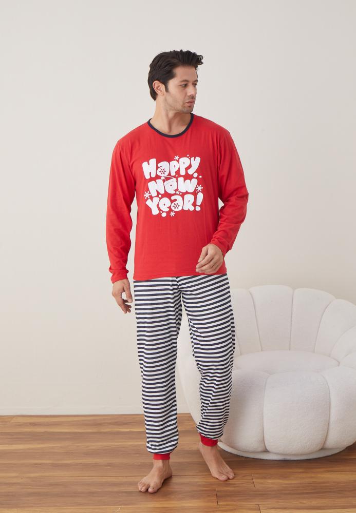 Pijama barbati Craciun "HAPPY NEW YEAR" , maneca lunga ,pantaloni lungi,Culoare Rosu ,Engros